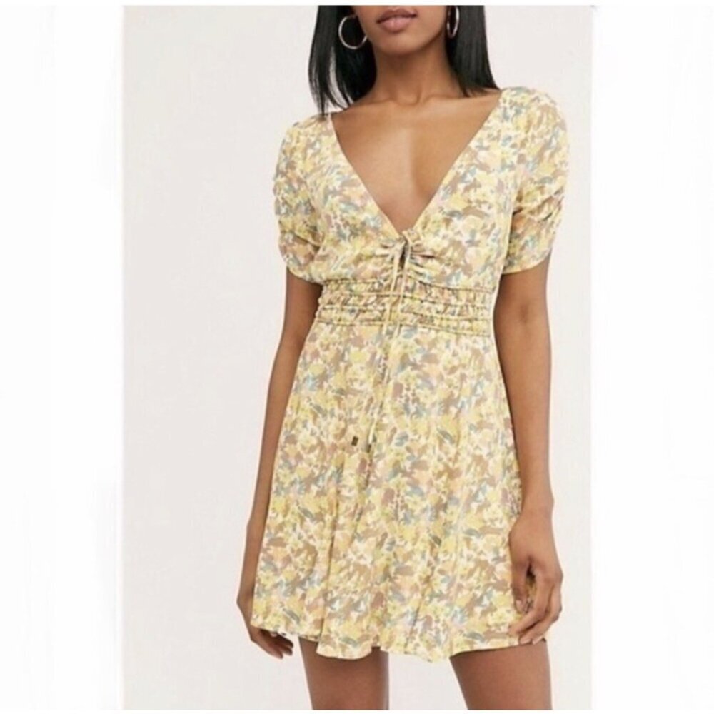 Free People Forget Me Not Floral Mini Dress Smocked Waist Boho Size 0